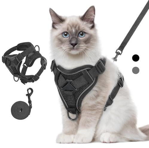 VavoPaw Katzengeschirr und Leine Set für Spaziergänge, Einstellbar Kätzchen Weste Geschirr mit Reflektierend Streif, Flucht Beweis Haustier Sicherheitsweste für Katzen, Welpen, M, Schwarz