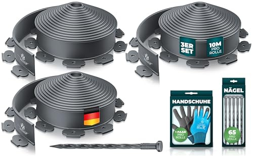 KESSER® Flexible Rasenkante aus Kunststoff Länge 30m Höhe 5cm, mit 195 Erdanker + 3 Paar Handschuhe Beeteinfassung Beetumrandung Beetbegrenzung Mähkante Pflastersteine Palisade - Anthrazit