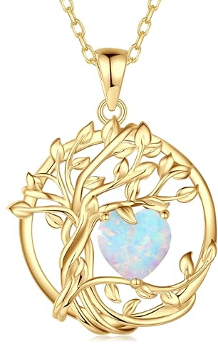 FANCIME Tree of Life Opal Necklace for Women 925 Sterling Silver Yellow Gold Plated Tree Pendant Necklace Jewellery Anniversary Birthday Christmas Gifts for Mum Wife Girls Her