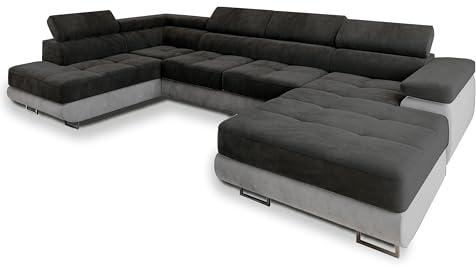 Masseno Ecksofa CASONE L-S mit Schlaffunktion U-Form, Sofa mit Bettkasten, Wohnzimmersofa, Couch, Soffa, Bettsofa, Couchgarnitur- Schwarz, Monolith 95 + Monolith 84