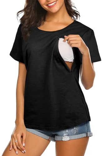 Aolso Camiseta de Maternidad para Mujer, Tops de Verano Superior de Nusring para Amamantar, Manga Corta, Cremallera Oculta, Algodón de Maternidad, Negro-M
