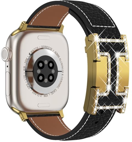 CHANCHY Leather Magnetic Watch Band Compatible with Apple Watch Bands 40mm 38mm 41mm 42mm 44mm 45mm 46mm, Top Grain Leather Diamond Dressy Band for Women iWatch Ultra SE Series 10/9/8/7/6/5/4/3/2/1