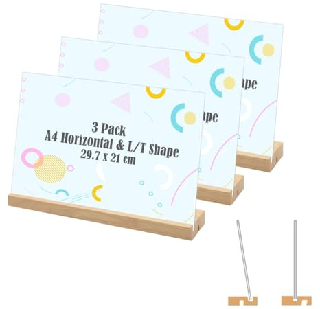 Coriver 3 Pièces Présentoirs de Table A4, A4 Horizontaux Acrylique Double Face Porte Menu, Forme L/T Support Affiche Plaque avec Pied en Bois, Support de Table pour Exposition Café Bureau-297 x 210 mm