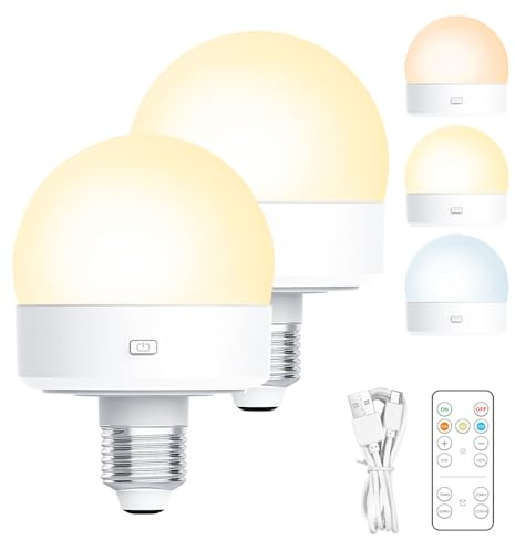 Nzkeuf Lampadina Ricaricabile USB-C, E27 Lampadina con Telecomando, 3 Colori Dimmerabile, Lampadine Ricaricabili con Magnetico per Non Cablato Decorazione Lampade, 2 unità