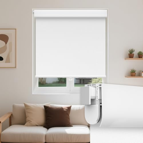 Grandekor No Drill Blackout Roller Shades for Windows,Free-Stop Cordless Roller Blinds for Indoor Windows,UV Protection Thermal Insulated,Pull Down Shades for Bedroom Home,White,Customize