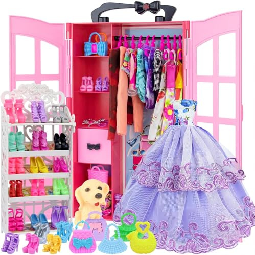 120 Pièces Vêtements et Accessoires avec Armoire pour Poupées 11.5 Pouces | Inclut Robe de Mariage Ensemble, Tenues de Mode Hauts, Pantalons Chaussures, Sacs, Collier, Cintres dans un coffret cadeau