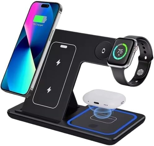 3 in 1 Wireless Charging Station 15W Fast Charger for iPhone Samsung, Apple Watch & AirPods – Foldable Charging Stand, Multi-Device Charger, Qi Fast Charge Dock, Portable Travel Desktop Charger
