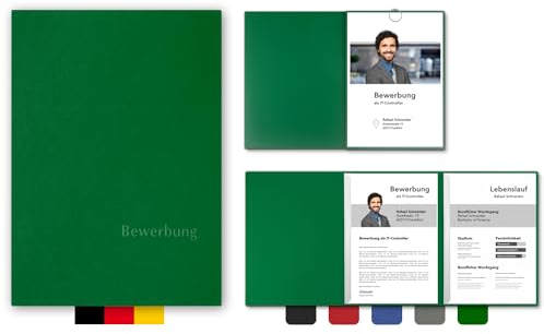 5 Stück 3-teilige Bewerbungsmappen BL-exclusivdruck® OPTIMA in Blattgrün - Premium-Qualität mit edler Relief-Prägung 'Bewerbung' - Produkt-Design von 'Mario Lemani'