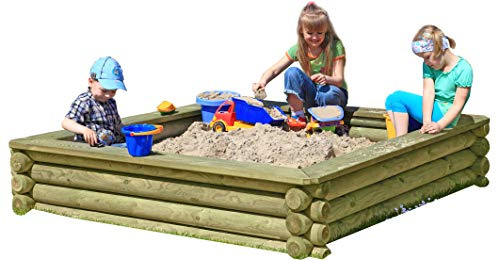 Gartenpirat Sandkasten 180 x 180 cm aus Rundholz – wetterfester Holzsandkasten mit Sitzbänken, kesseldruckimprägniert, Palisaden Ø 10 cm