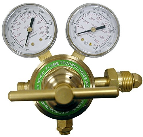Flame Tech High-Pressure Piston Regulator for Inert Gases, Regulator for Nitrogen and Argon Gas, Forged Brass Body and Bonnet, Easy to Read Dual Scale, Precise Stabilized Control