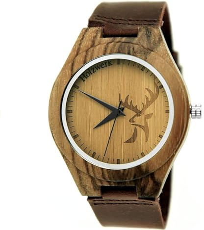 Holzwerk Germany Handgefertigte Designer Hirsch Unisex Damen-Uhr Herren-Uhr Öko Natur Holzuhr Leder Armband Analog Klassisch Quarz in Braun mit Hirschmotiv