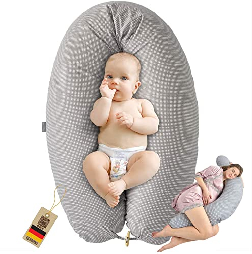 sei Design Stillkissen Mikroperlen XXL Lagerungskissen Schwangerschaftskissen Seitenschläferkissen 190x30 cm groß (Bezug Punkte Taupe Holzknopf, Füllung EPS Mikroperlen)