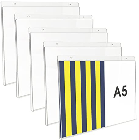 Danieli Store - Soporte de Pared de Metacrilato A5 Horizontal para Carteles y Posteres. Expositor con Orificios para la Fijación Mural. Soporte de Acrílico Transparente para Avisos (5 unidades)