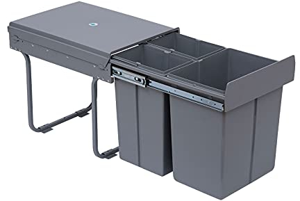 HOMCOM Cubo de Basura Cocina bajo Fregadero Papelera de Cocina 3 Contenedores de Reciclaje 1x20L y 2x10L Clasificación de Residuos Metal y Plástico 48x34,2x41,8 cm Gris
