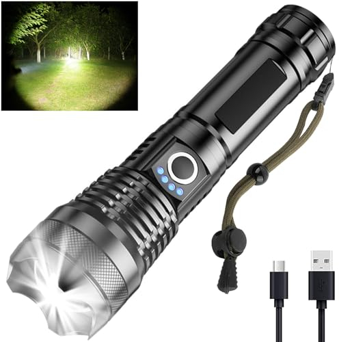 Rechargeable LED Flashlights 10000 High Lumens, Super Bright Tactical Flashlight with 5 Modes, Powerful Zoomable Flash Light , Waterproof Handheld Flashlight for Hiking Emergencies