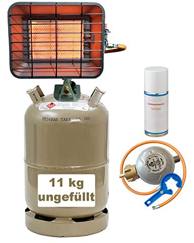 Heiz-Strahler Gasheizstrahler ohne Strom inkl. Schlauch & Regler aus Alu-Druckguss für Gasflasche 5kg, 11kg mit Piezo, Zündsicherung, Lecksuchspray, Gasregler-Schlüssel (mit 11kg Gasflasche leer)