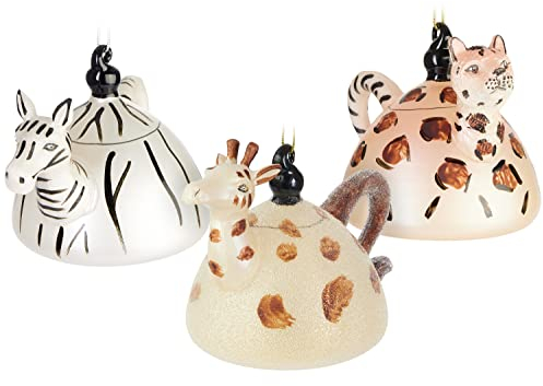 BRUBAKER 3 delar Julgranskulor Set - Safari Tepot Set Giraff Zebra Leopard - Munblåsta Julgranskulor för Afrika Fans - Roliga Julgransprydnader i Glas - Dekorativa Trädhängare - 3 stycken