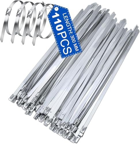 Arespark Edelstahl Kabelbinder Set (110 Stück), 300 x 4.6mm Silberweiße Metall-Binder selbstsichernd, Rostfrei & Hitzebeständig für Garten, Markise & Industrie