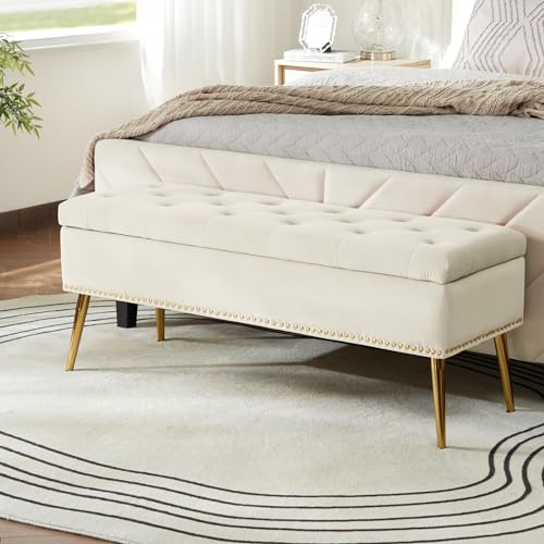 HULALA HOME Modern Velvet Storage Bench Box Ottoman with Gold Base & Nailhead Trim, Upholstered Bedroom Bench for End of Bed, Button-Tufted Footstool for Entryway Living Room Dining Room, Ivory