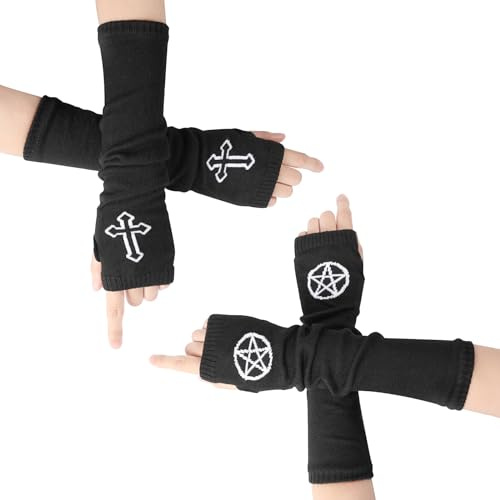 XEPST 2 Pares Y2K Guantes Góticos sin Dedos con Manga de Brazo para Mujer, Calentadores de Brazo Guantes Negros Mitones de Muñeca Góticos Punk para Mujeres Disfraz de Halloween Cosplay