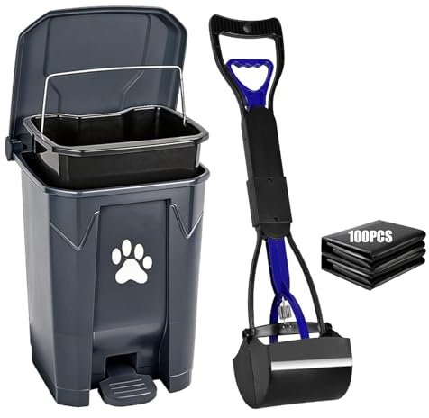 mayayaday Dog Poop Trash Can Outside with Pooper Scooper, Outdoor Dog Waste Trash Can with Lid Waste Bag Odor Control for Yard Garden, 20L Grey