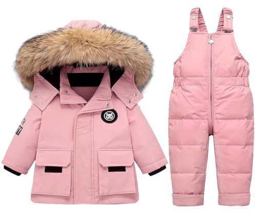 Tuta da Neve 2 Pezzi da Bambini Ragazzi Capppotto in Piuma con Cappuccio Pellicia + Salopette da Neve Bambina Giacca Invernale Impermeabile Rosa 4-5 Anni