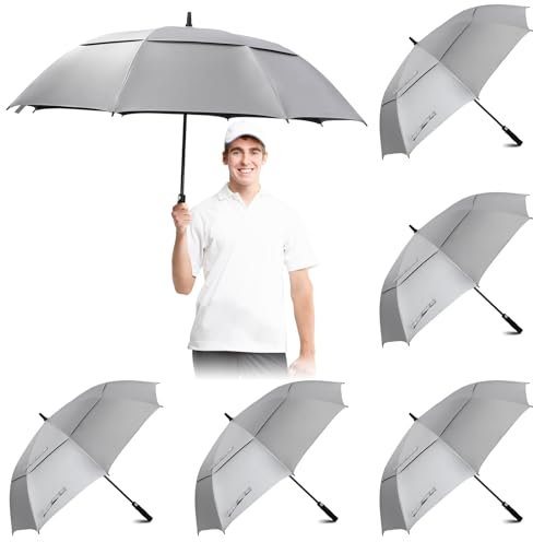 Aliceset 5 Pcs 62 Inch Golf Umbrella Bulk Large Silver Sun Umbrellas UV Protection Oversized White Wedding Umbrellas with Double Canopy Vented Automatic Open Waterproof Stick Umbrella(Silver)