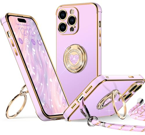 XYZ Cover per iPhone 14 Pro Max con Supporto, Custodia con Doppio Anello a Forma di Cuore con Cordino per Ragazze e Donne, Custodia Protettiva di Lusso per iPhone 14 Pro Max, Viola