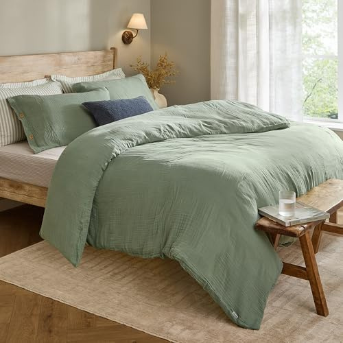 furn. Yard Lark Bettbezug Set – Weich Atmungsaktiv Doppellagig Musselin Baumwolle Minimalistisch Bettwäsche (Eukalyptus – Einzelbett – 137x200cm)