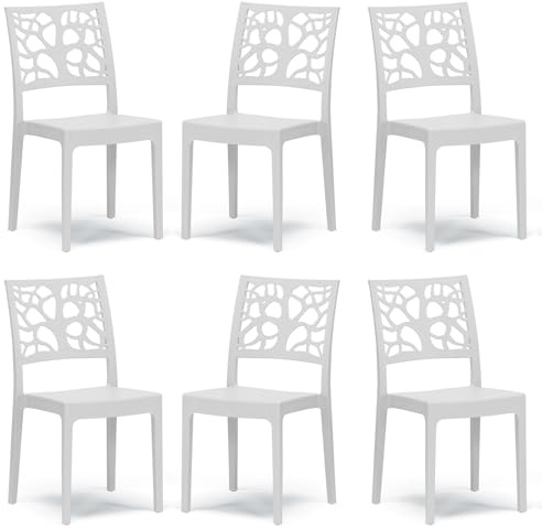 Set 6 sedie in polipropilene TETI, MADE IN ITALY, impilabile, idrorepellente, resistenza raggi UV, design moderno albero della vita per sala da pranzo, cucina, bar, ristoranti, esterno (Bianco, 6)