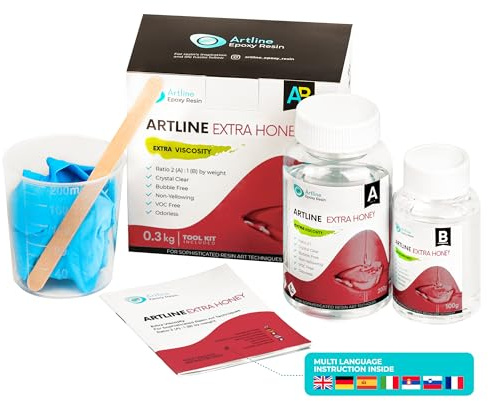 Artline Epoxy Resin ARTline Kit Resina Epoxi Manualidades Completo - Resina Epoxi Transparente Kit para Principiantes y Artesanos - Alta Viscosidad - 0.3 kg, Relación 2:1 Perfecto para Madera