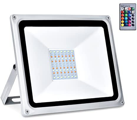 Faretti Proiettore LED RGB da Esterno 50W con Telecomando, Luce di Sicurezza 4 modalità 4000Lm a 16 Colori, Faretti da Lavoro IP65 Impermeabili, Proiettore Esterno per Giardino Paesaggistico