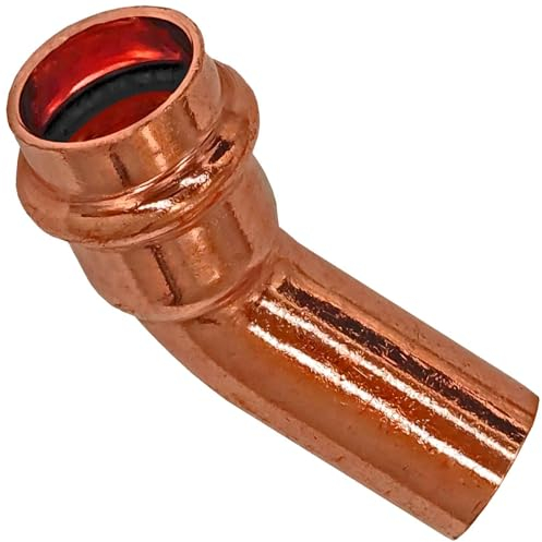 Press Fitting 2426.1 Winkel 45° Grad für Kupfer Rohr Außendurchmesser 15mm i-a Muffen Anschluss zum Verpressen V Kontur mit Stutzen Einsteck Ende Außendurchmesser 15mm Trinkwasser
