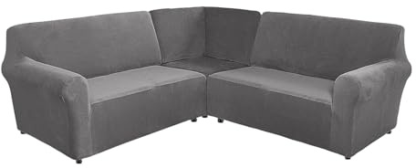 AIMENJOY 3-Piece Corner Sofa Cover L Shape 5/7 Seater Corner Couch Cover Soft Stretch Sectional Sofa Slipcover Thick Plush Velvet Protector Cover for Sofa Couch (Grey,7-seater)