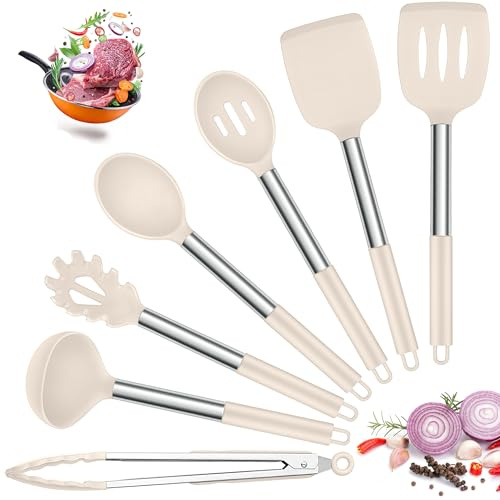 Joyfair 7 Pcs Silicone Kitchen Utensils None Scratch Cooking Tools - Khaki | Non-Stick, Non-Toxic, Stainless Steel Core, Sturdy Enough, Heat Resistant, Multi-Purpose Use, Hanging Hole, Dishwasher Safe