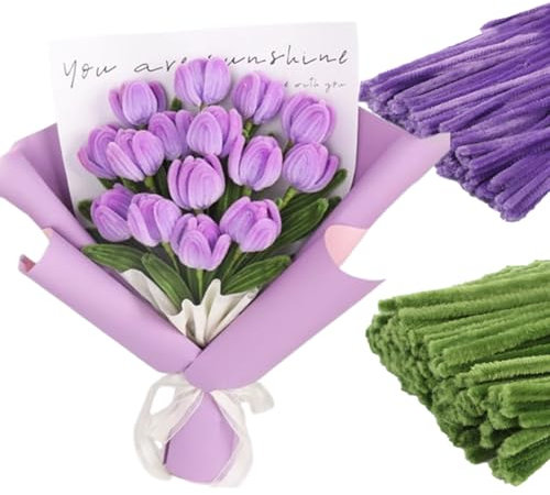 Tulpe Blumenstrauß Pfeifenreiniger Pfeifenputzer zum Basteln Bunt Basteldraht Chenilledraht DIY Geschenke für Mama Geburtstag Muttertag Mehrfarbig Dekorationen (Lila)