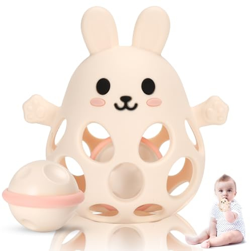 Venditer Silikon Babyrassel Hühnchen Beißring Baby, Sensorische Beißring Spielzeuge, Baby Spielzeug, Silikon Beißring, Motorik Spielzeug, Montessori Spielzeug, Rassel Baby beige