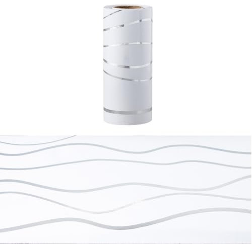 SUPERFINDINGS 2 Rolls 3.94in x 10m White Self-Adhesive Wall Sticker Border Wallpaper Border Peel and Stick Wall Border Decor Silver Wave Wall Covering Borders for Living Room
