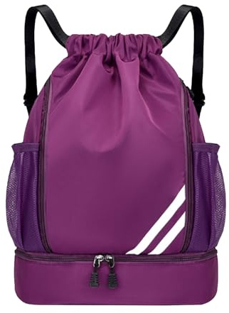 HFCOONY Gym Bag Women, Purple Drawstring Backpack with Shoe Compartment, Waterproof Swimming Bag for Adults, Large Sports Backpack for Yoga Travel, Wet Dry Separation PE Bag, Purple