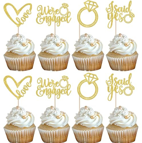 Xsstarmi 24 Packung We're Engaged Cupcake Toppers Glitzer Love She Said Yes Cupcake Picks für Wir Sind Verlobt Werden Engagiert Hochzeit Party Kuchendekoration Gold