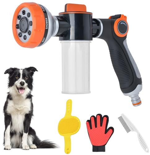 Garden Hose Nozzle Pet Sprayer Kit - 8 Spray Pattern Dog Wash - Pup Jet Dog Wash with 100ml Soap Dispenser Bottle Dog Shower Mitt, Comb Brush, for Watering Flowers, Car Washing, Dog Horse Bathing