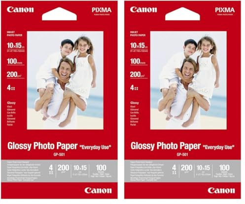 Canon Fotopapier GP-501 glänzend weiß - 10x15cm 100 Blatt für Tintenstrahldrucker - PIXMA Drucker (200 g/qm), PG-40 (Packung mit 2)