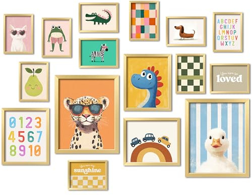 16 PCS Kids Wall Art Decor, Baby Girl & Boy Nursery Decor, Toddler Room Bedroom Playroom Decor, Cute Colorful Animal Eclectic Gallery Wall Prints
