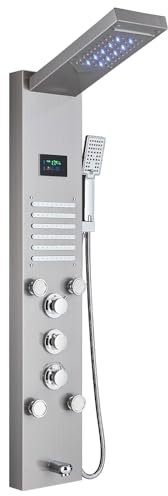 Saeuwtowy Columna de ducha LED hidromasaje de acero inoxidable con 4 boquillas de masaje grandes y 12 microchorros de masaje, panel LCD, Cepillado
