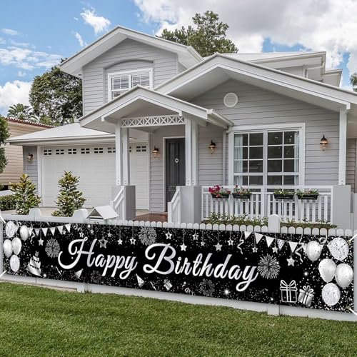 PartyYaa Striscione di compleanno, lunga decorazione per feste di compleanno, extra grande, per interni ed esterni (argento nero)