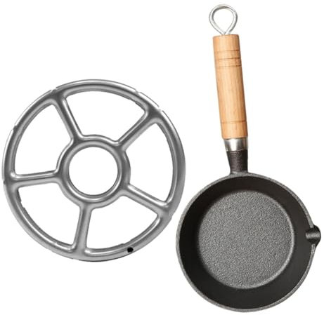 TOYANDONA Mini Cast Iron Saucepan 11cm Diameter Wood Handle, Small Non-Stick Egg Omelette Pan for Stove Top Cooking and Outdoor Camping, Portable Hot Oil Pan Stove Rack