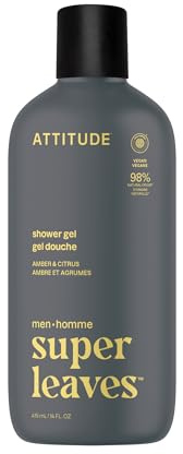 ATTITUDE Gel Douche Homme, 98 % origine naturelle, sans parabènes ni phtalates, certifié EWG, nettoie sans assécher, Ambre & Agrumes, 415 mL