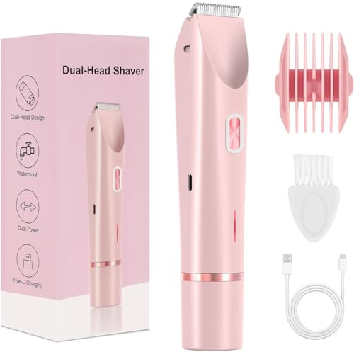 Afeitadora eléctrica de doble cabeza para mujer, recortadora de bikini 2 en 1 para mujer, impermeable, recargable, recortadora de pelo corporal, uso húmedo y seco (rosa)