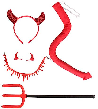 Milisten 1 Set Completo Costumi Halloween con Cerchietto da Diavolo Forcone Choker e Accessori Fantastici per Feste e Cosplay Rosso