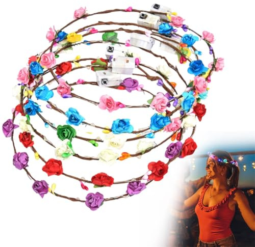 JUGUTA Led Fascia Fiori, 6 Pezzi Fascia Per Capelli Luminosa Con 10 Fiori A Led, Coroncine Fiori, Cerchietto Per Capelli Led Per Donne Ragazze, Matrimoni Feste Di Natale Fest